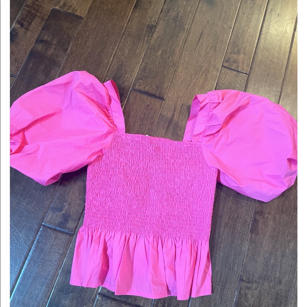 THML bright pink peplum puff sleeve top
